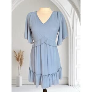 Manydress Ruffled Flutter Sleeve Dress Sz S Lined Crepe Sage Blue Packable Boho